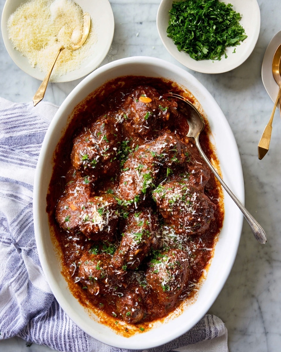 The dish is served in a white oval bowl placed on a white marbled surface with a blue and white striped cloth beside it. Inside the bowl, there are around ten thick, chunky meat pieces covered in a rich, dark brown tomato sauce with a slightly coarse texture. The meat is sprinkled with bright green chopped parsley and a light dusting of grated cheese, both adding a fresh contrast to the dark sauce. A silver spoon rests inside the bowl, partly submerged in the sauce, ready to serve. Nearby, there is a small white bowl with grated cheese and a gold spoon in it, and another small white bowl with fresh chopped parsley on the white marbled surface. photo taken with an iphone --ar 4:5 --v 7