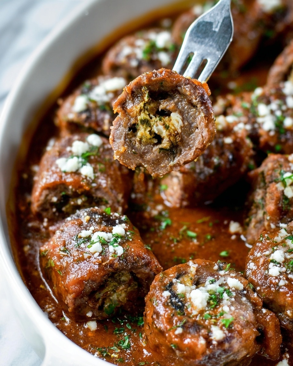The image shows a close-up of several pieces of rolled meat covered in a thick brown sauce with visible herbs scattered on top and sprinkled with small bits of white cheese. The rolled meat pieces are tightly packed, showing a textured inner filling with green and yellow colors, and are placed inside a white dish filled with the rich sauce. A fork holds up one piece in the center, revealing the layers inside the roll with a mix of meat and stuffing. The sauce looks slightly chunky and glossy, pooling around the meat, and small chopped greens are sprinkled on the top for garnish. The whole scene sits on a white marbled surface. photo taken with an iphone --ar 4:5 --v 7