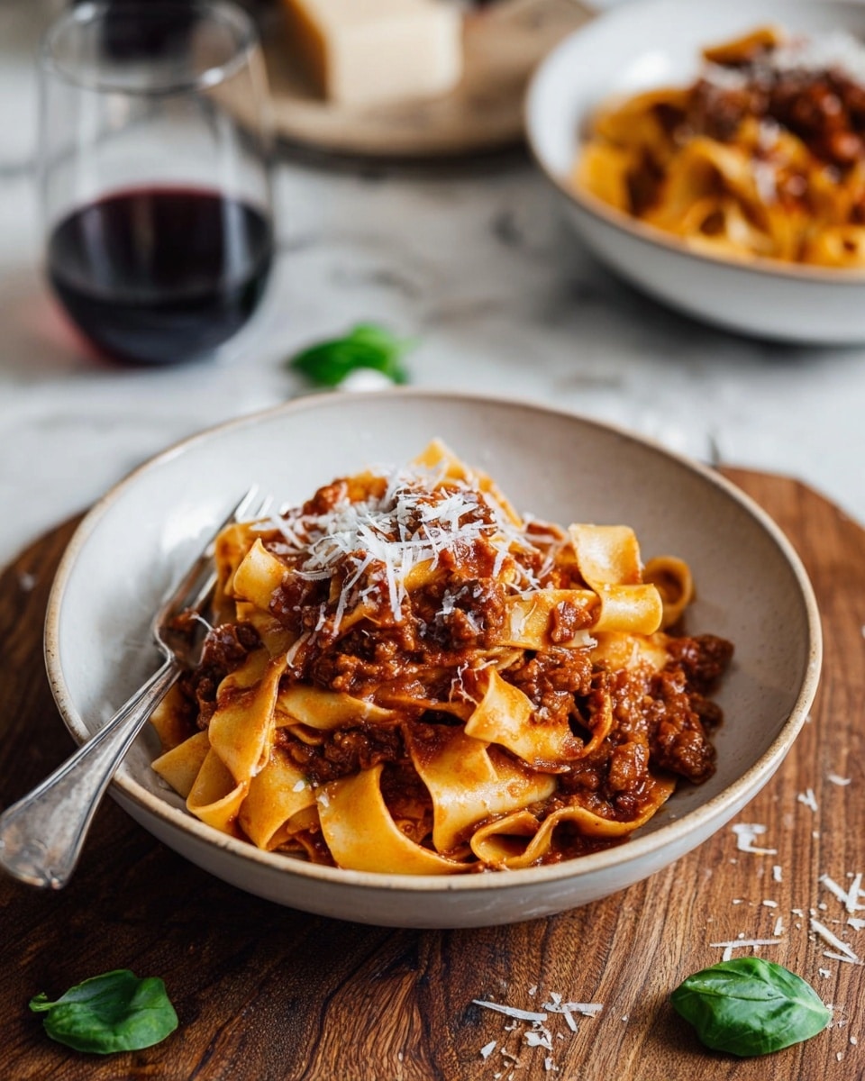 The image shows a white bowl filled with a stack of wide, flat pasta noodles covered in a rich brown-red meat sauce, with small chunks of meat and vegetables mixed in. On top of the pasta, thin grated white cheese is sprinkled evenly. A silver fork rests on the left side of the bowl with some noodles wrapped around it. The bowl sits on a wooden table with some scattered grated cheese and a few green basil leaves nearby. In the background, there is another white bowl with more pasta and a glass of dark red wine, all set against a white marbled surface. photo taken with an iphone --ar 4:5 --v 7