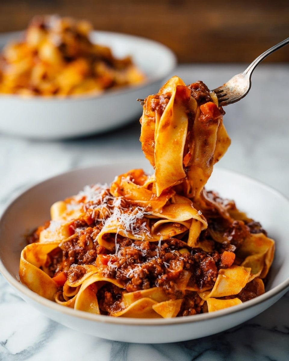 A white bowl filled with wide, flat pasta noodles coated in a rich red-brown meat sauce with small chunks of carrots and visible bits of meat; the pasta is layered in a loose mound with a fork lifting a twist of noodles from the center, showing the sauce clinging to the noodles. There is a light sprinkle of grated cheese on top, and in the background, more pasta in a white bowl sits on a white marbled surface. The scene has a warm and inviting feel. photo taken with an iphone --ar 4:5 --v 7
