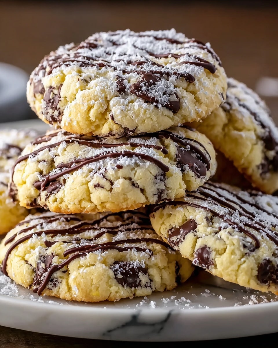 A close-up of a stack of five round cookies with a rough, crumbly texture. Each cookie is pale yellow with dark chocolate chips embedded throughout. On top of the cookies, there are thin, wavy lines of shiny dark chocolate drizzled evenly. A light white powdered sugar dusting covers the top and some falls onto the white marbled surface beneath. The cookies are arranged on a white plate with one cookie slightly leaning on another, creating a layered look. Photo taken with an iphone --ar 4:5 --v 7