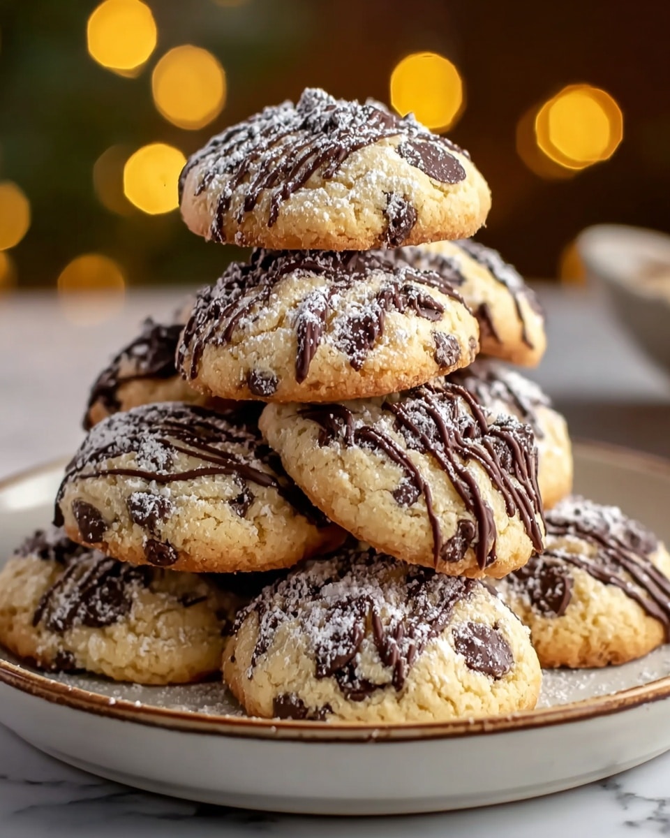 A stack of seven round, soft-looking chocolate chip cookies arranged in a pyramid on a white plate with a faint brown rim. Each cookie is light golden brown with visible dark chocolate chips embedded on the surface. All cookies are dusted with powdered sugar and have thin, dark wavy lines of chocolate drizzle across the top. The plate rests on a white marbled surface with a warm blurry background featuring glowing yellow lights. photo taken with an iphone --ar 4:5 --v 7