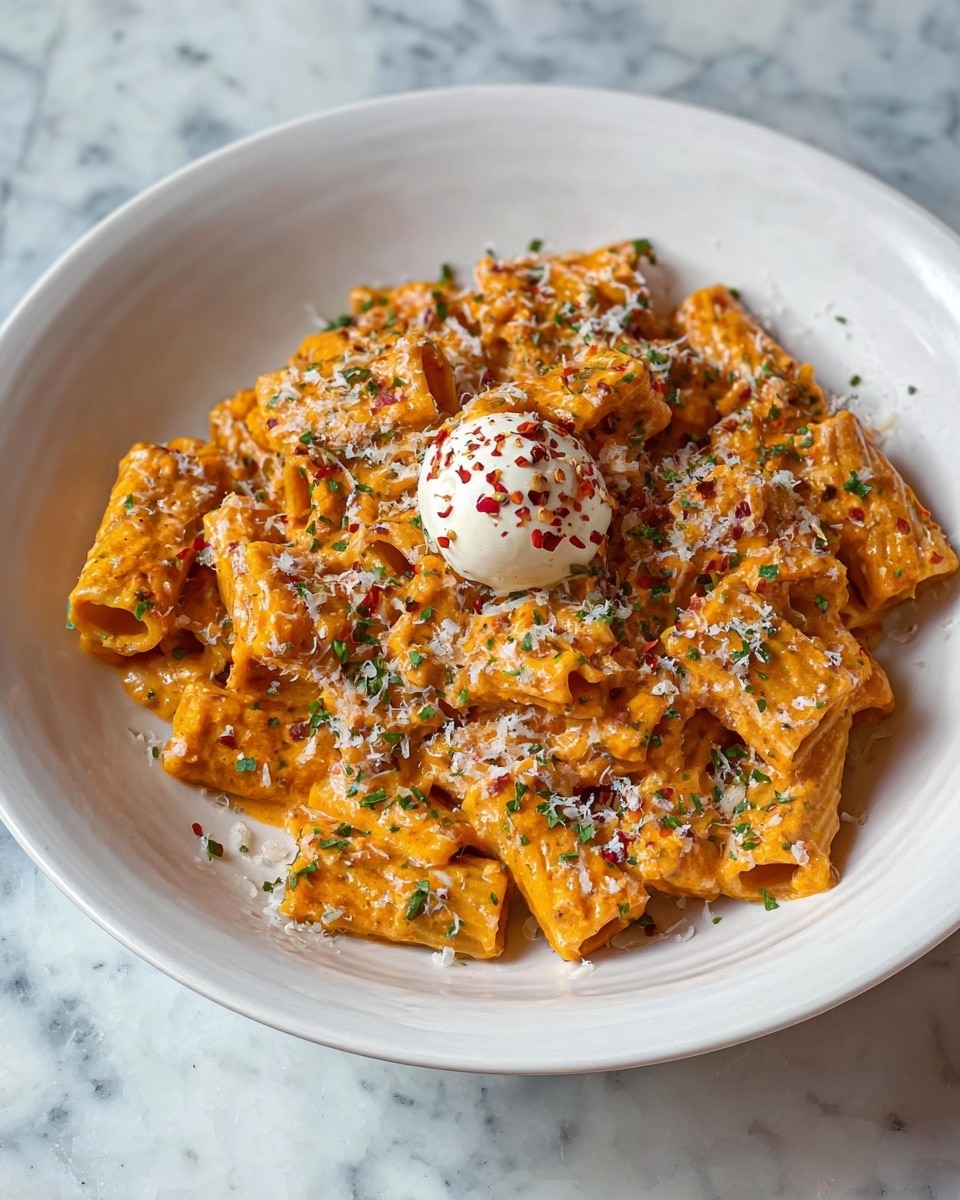 The dish shows a white plate with rigatoni pasta covered in a thick, creamy orange sauce mixed with green herbs and small red chili flakes. The pasta pieces are fully coated and layered closely together in the center of the plate. On top, there is a single small white ball of cheese or cream, sprinkled with red chili flakes. The dish is finished with a light sprinkling of grated white cheese and chopped green herbs scattered evenly over the pasta, all set on a white marbled texture surface. photo taken with an iphone --ar 4:5 --v 7
