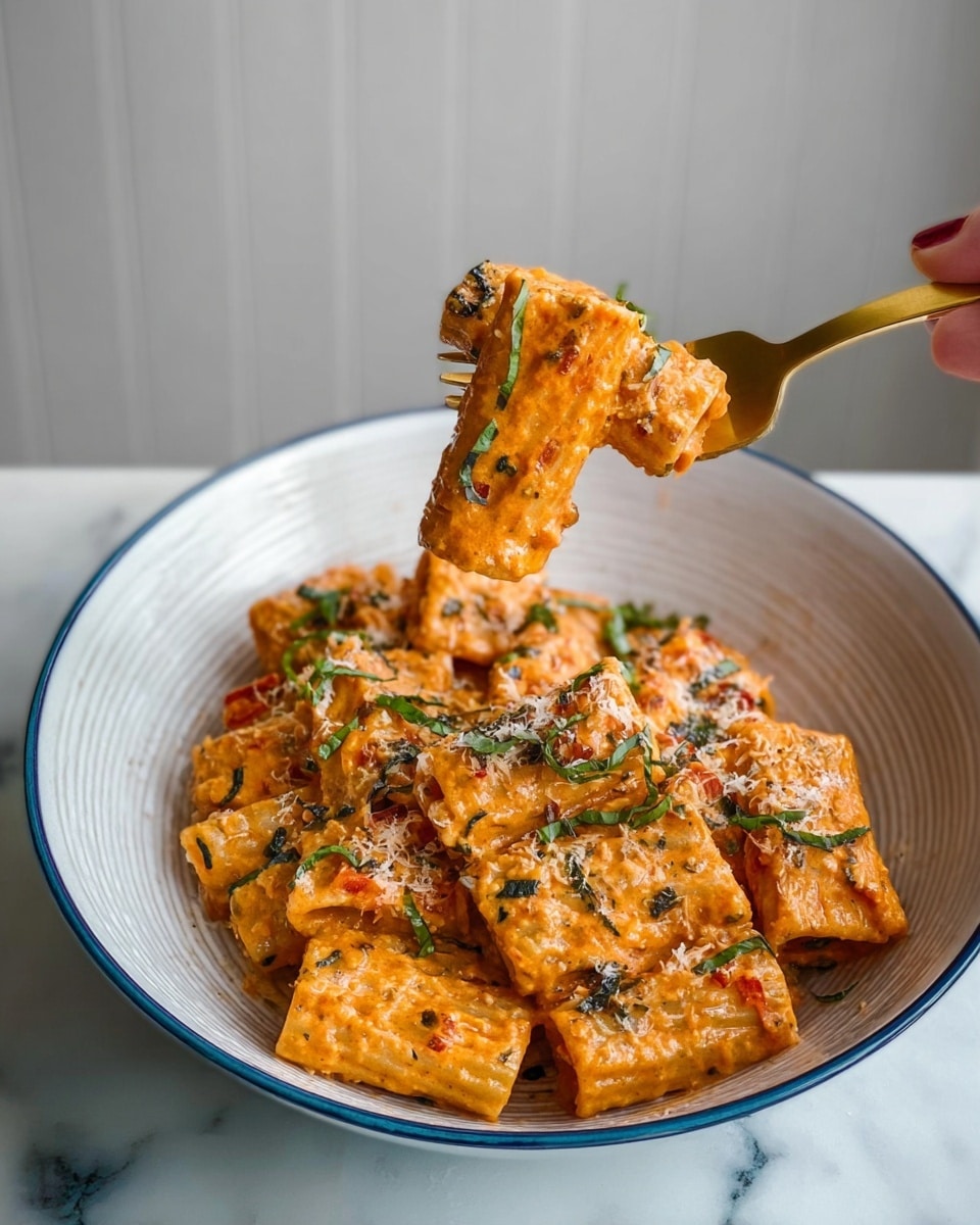 A close-up view of rigatoni pasta coated in a creamy orange sauce with herbs and small bits of red pepper, filling a white bowl with a blue rim. The textured rigatoni tubes are covered evenly with the sauce, sprinkled with grated cheese and green herb leaves, giving a fresh appearance. A gold fork held by a woman's hand lifts a few rigatoni pieces above the bowl, showing the sauce's thickness and the pasta's ridged texture. The background is a white marbled surface with a soft, simple wall. Photo taken with an iphone --ar 4:5 --v 7