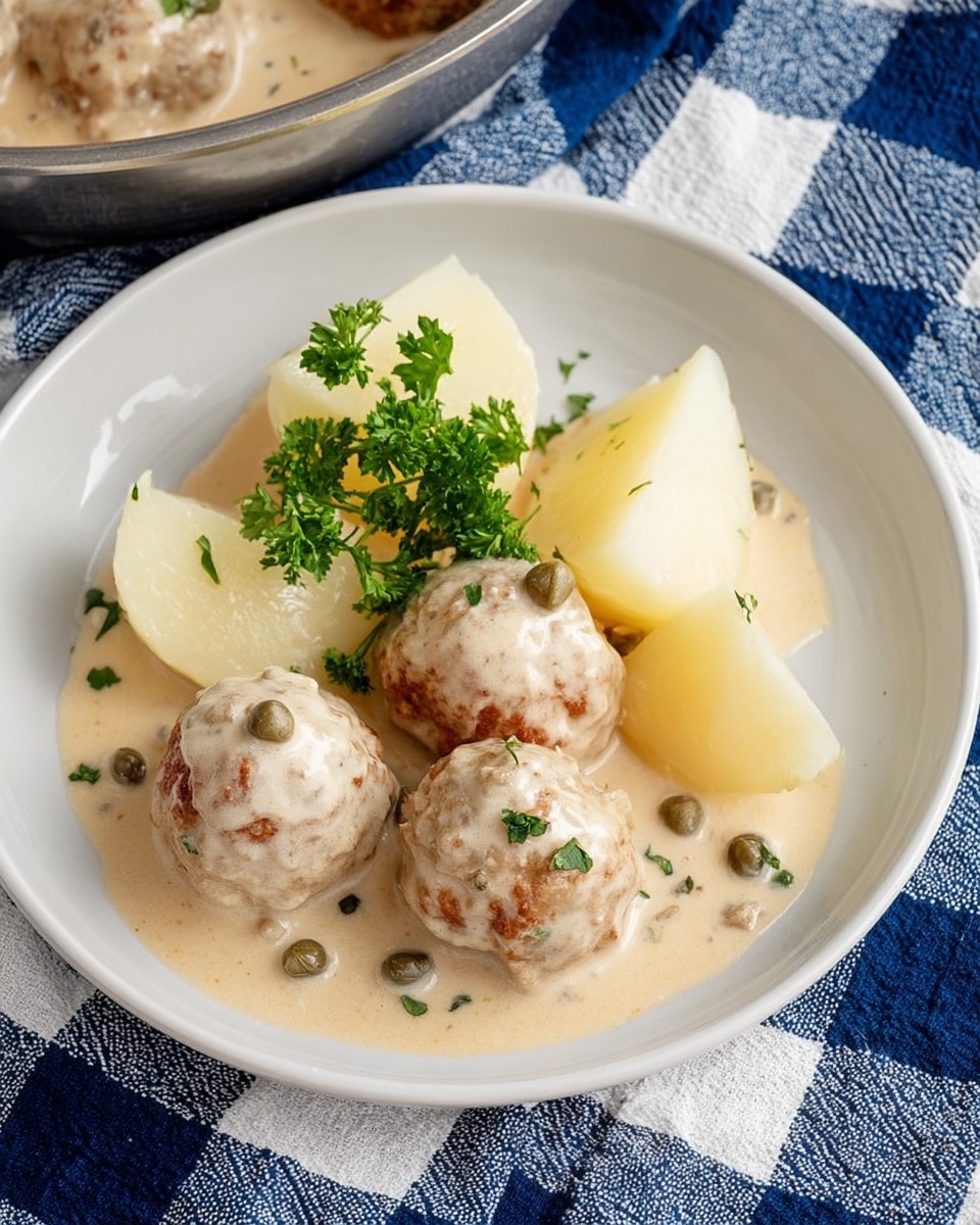 A white plate holds a serving of creamy sauce-covered meatballs and four pieces of boiled potatoes. The meatballs are light brown with a smooth, pale beige sauce containing small green capers evenly spread on and around them. The potatoes are cut into large chunks with a soft white texture and are garnished with a small bunch of fresh green parsley on top. The plate sits on a blue and white checkered cloth, and part of a metal pan with more meatballs in sauce is visible at the top left corner. photo taken with an iphone --ar 4:5 --v 7