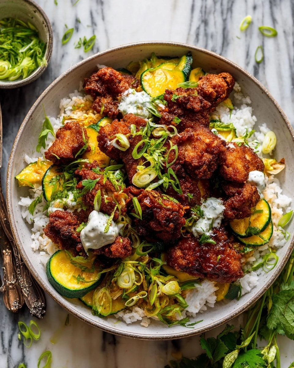 A large white bowl filled with a base layer of fluffy white rice covers the bottom. On top, there are many pieces of dark brown, crispy fried chicken scattered all over. Mixed in with the chicken are slices of cooked yellow and green zucchini, adding a soft texture and color contrast. Fresh green herbs and thinly sliced green onions are sprinkled generously across the dish, giving a fresh look. Some small dollops of white sauce are placed on top of the chicken pieces. The bowl sits on a white marbled surface, with some fresh green leaves scattered around. photo taken with an iphone --ar 4:5 --v 7
