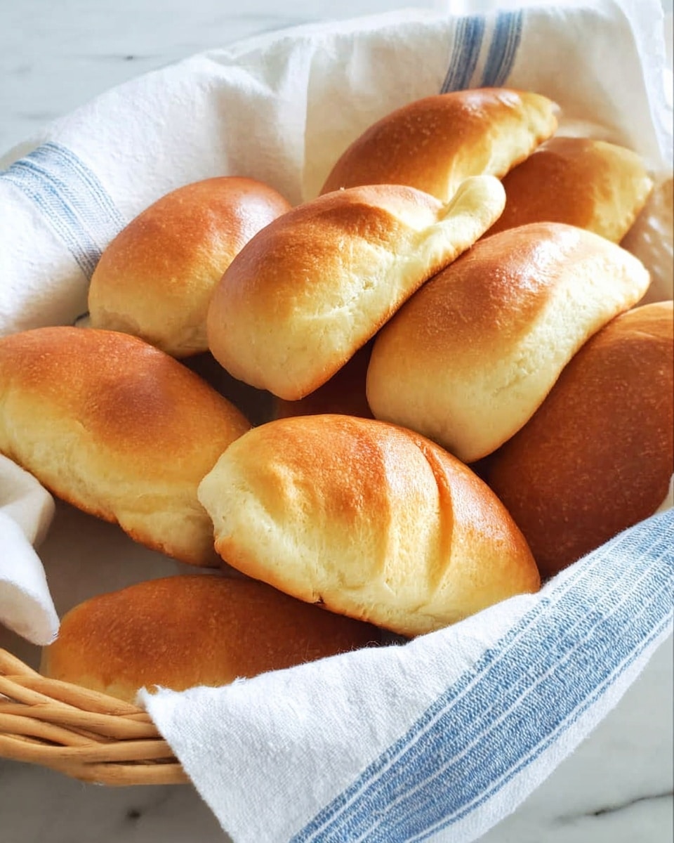 A basket filled with several soft golden-brown rolls, each roll having a smooth, shiny top layer with a slightly folded shape, arranged closely together. The basket is lined with a white cloth featuring blue stripes, which softly wraps around the rolls. The background is a white marbled texture that highlights the warm tones of the bread. photo taken with an iphone --ar 4:5 --v 7