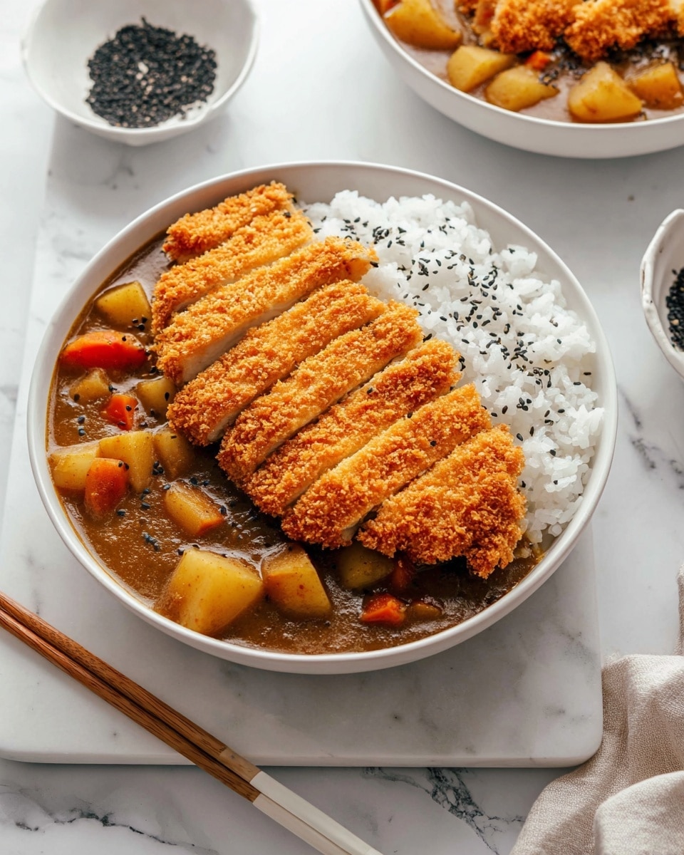 The dish shows a white bowl filled with three main layers: steamed white rice on the right topped with scattered black sesame seeds, thick chunks of brown curry sauce with visible soft vegetables like potatoes and carrots on the left, and a golden-brown crispy breaded chicken cut into six slices laid on top of the rice and slightly overlapping the curry. The bowl sits on a white marbled surface with a small white bowl of black sesame seeds nearby, and a pair of white and wooden chopsticks placed diagonally beside it. Another similar bowl is partially visible in the background. photo taken with an iphone --ar 4:5 --v 7