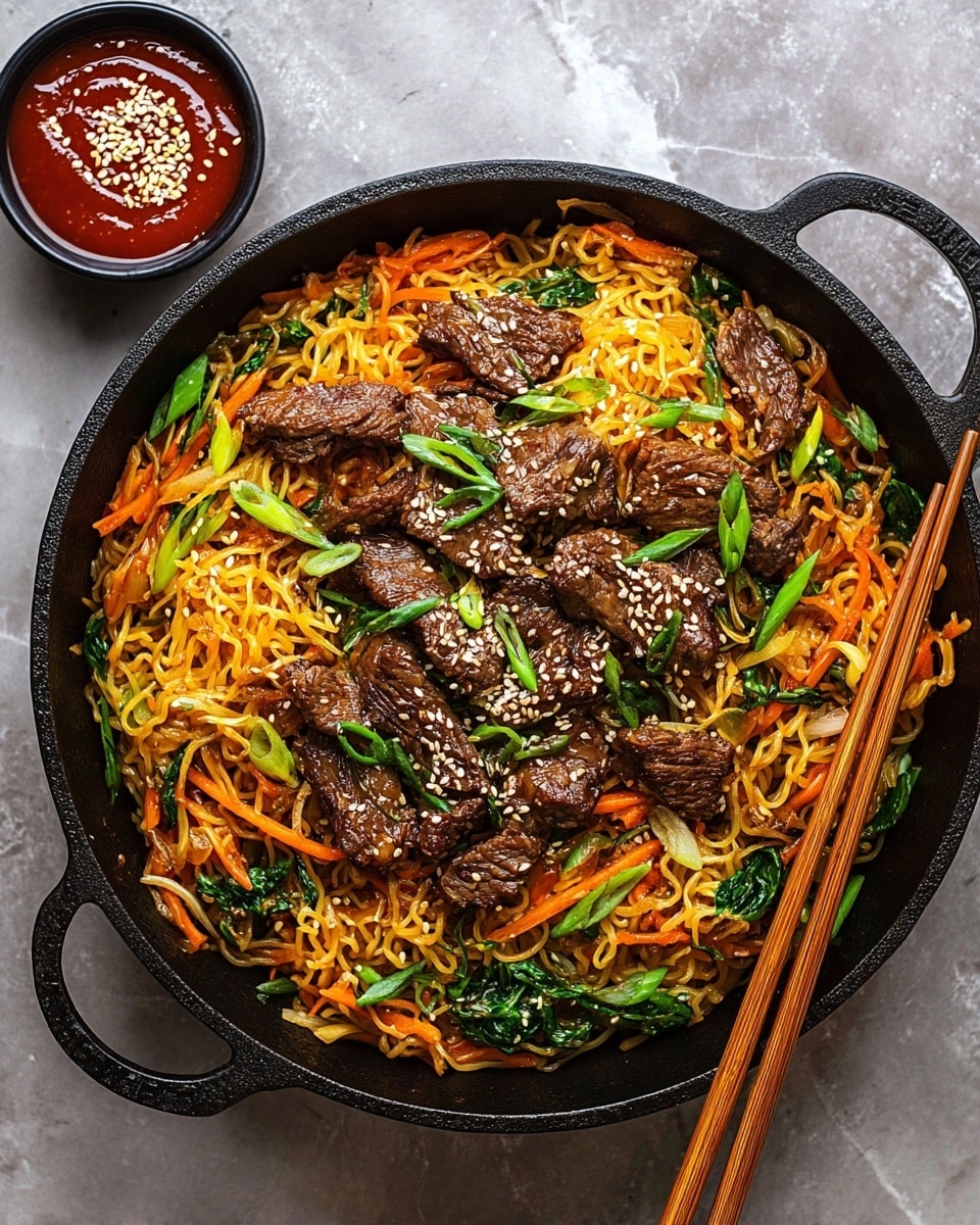 A black cast iron pan sits on a white marbled surface filled with thin, golden noodles mixed with bright orange shredded carrots and green leafy vegetables. On top of the noodles are many pieces of dark brown, glazed beef arranged evenly, sprinkled with white sesame seeds and chopped green onions for garnish. To the top left of the pan, there is a small black bowl filled with red sauce topped with sesame seeds. A pair of light brown wooden chopsticks rests on the right side of the pan. photo taken with an iphone --ar 4:5 --v 7