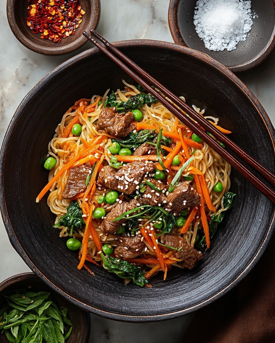 A dark bowl holds a dish with a base layer of thin, light brown noodles spread evenly. On top, there are pieces of cooked brown meat scattered among bright orange carrot strips, dark green leaves, and small green peas. White sesame seeds are sprinkled on the top for texture. A pair of dark brown chopsticks rests diagonally over the noodles. Around the bowl, there are smaller bowls with coarse white salt, green herbs, and red chili flakes, all placed on a white marbled surface. Photo taken with an iphone --ar 4:5 --v 7