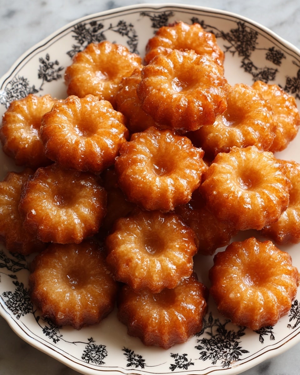 A close-up view of a pile of small, round, golden-brown sweets with a glossy, sticky surface arranged on a white plate decorated with a delicate black floral pattern around the rim, each sweet showing distinct ridges radiating from a central hole, giving them a flower-like appearance, all placed on a white marbled surface. photo taken with an iphone --ar 4:5 --v 7
