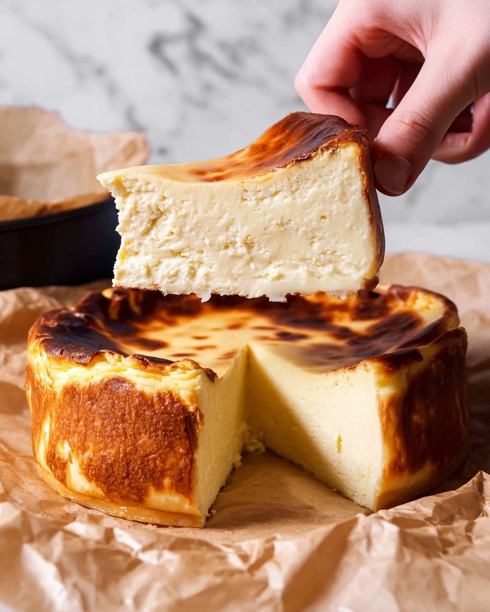 A slice of baked cheesecake is held by a woman's hand above the rest of the cake, which sits on crumpled parchment paper. The cheesecake has one thick creamy layer, pale yellow in color, with a slightly browned top that appears smooth and shiny. The sides are browned with some darker caramelized spots. The background is a white marbled texture with a dark round baking pan slightly visible. photo taken with an iphone --ar 4:5 --v 7