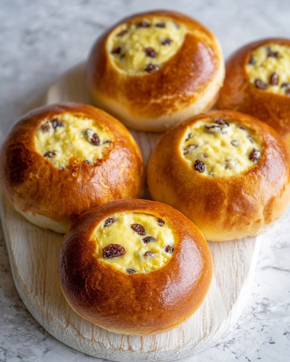 The image shows five round sweet buns placed closely together on a white wooden board. Each bun has a golden-brown top crust with a thick, soft texture. In the center of each bun is a thick pale yellow cream filling with small dark raisin pieces scattered inside. The buns have a shiny surface and slightly raised edges that hold the creamy filling. The white wooden board is set on a white marbled surface. photo taken with an iphone --ar 4:5 --v 7