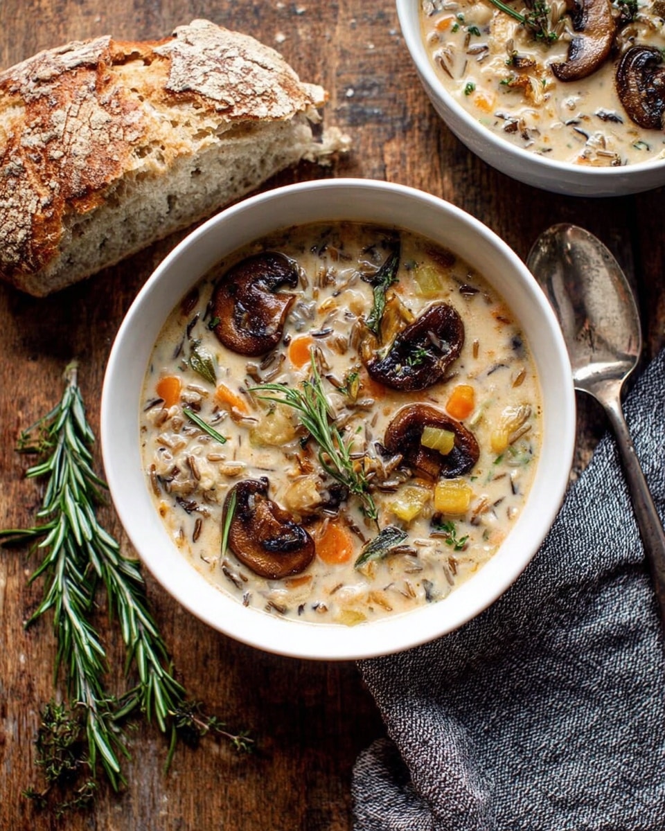 A white bowl filled with creamy mushroom soup that shows layers of light beige cream base mixed with wild rice and small chunks of orange carrot, green celery, and herbs. On top, there are several browned button and shiitake mushroom caps, some whole and some sliced, garnished with sprigs of rosemary, adding a touch of green and dark brown to the creamy surface. Next to the bowl is a piece of crusty bread with a rough, golden-brown crust and soft, airy interior, resting on a rustic wooden surface. A gray textured cloth and sprigs of fresh rosemary are seen in the background, giving a cozy feel. Photo taken with an iphone --ar 4:5 --v 7