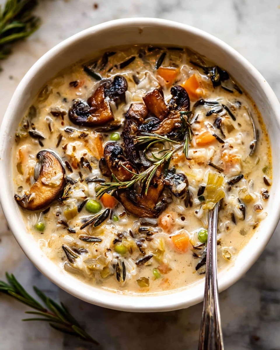 A white bowl filled with creamy soup that has a thick texture and several layers of ingredients. The bottom layer shows soft rice mixed with small pieces of orange carrots, green peas, and celery, all in a light beige broth. Scattered on top are whole and sliced brown mushrooms with a glossy, slightly cooked look. There are also sprigs of dark green rosemary placed over the mushrooms, adding contrast and height. A silver spoon rests inside the bowl on the right side. The bowl sits on a white marbled surface. photo taken with an iphone --ar 4:5 --v 7