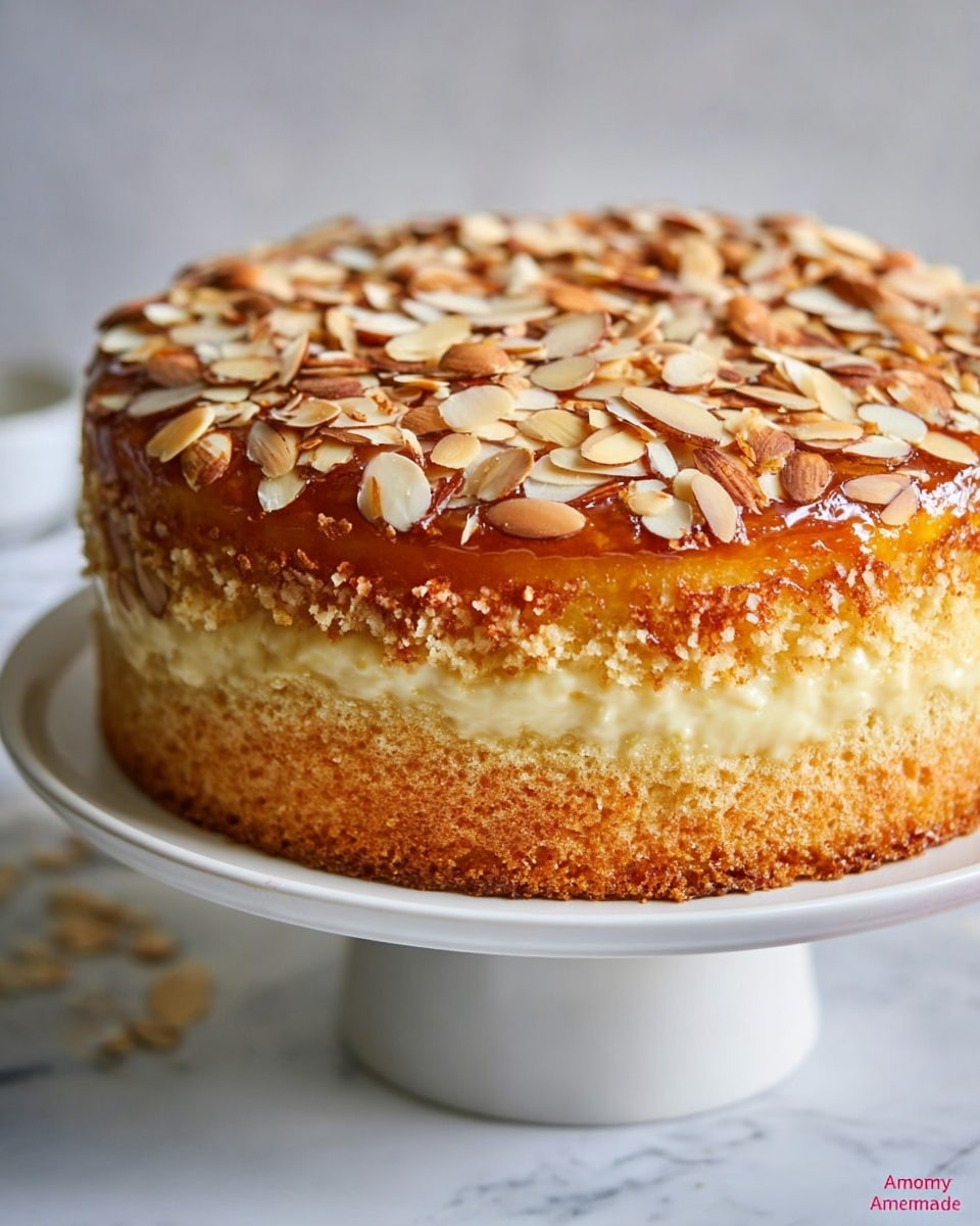 A two-layer cake sits on a white cake stand over a white marbled surface. The bottom layer is golden brown with a slightly crumbly texture. Between the two layers is a thick, creamy, pale yellow filling that looks smooth and rich. The top layer has a shiny caramel glaze covering it, with lots of sliced and whole almonds scattered on top, giving a mix of light tan and brown colors and a crunchy texture. The overall look is moist and inviting, with warm tones and a detailed nut topping. Photo taken with an iphone --ar 4:5 --v 7