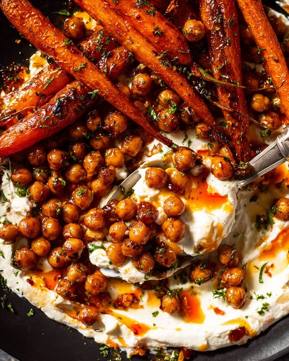 A large black bowl holds a layered dish with a base of soft white cream spread unevenly, topped with a mix of bright orange glazed whole carrots and small golden-brown roasted chickpeas scattered across. A drizzle of dark reddish-brown sauce lightly coats the carrots and chickpeas, giving a shiny look, garnished with small green herb bits. A silver spoon rests inside on the right side, slightly lifting some carrots and chickpeas. The background is a white marbled surface. Photo taken with an iphone --ar 4:5 --v 7