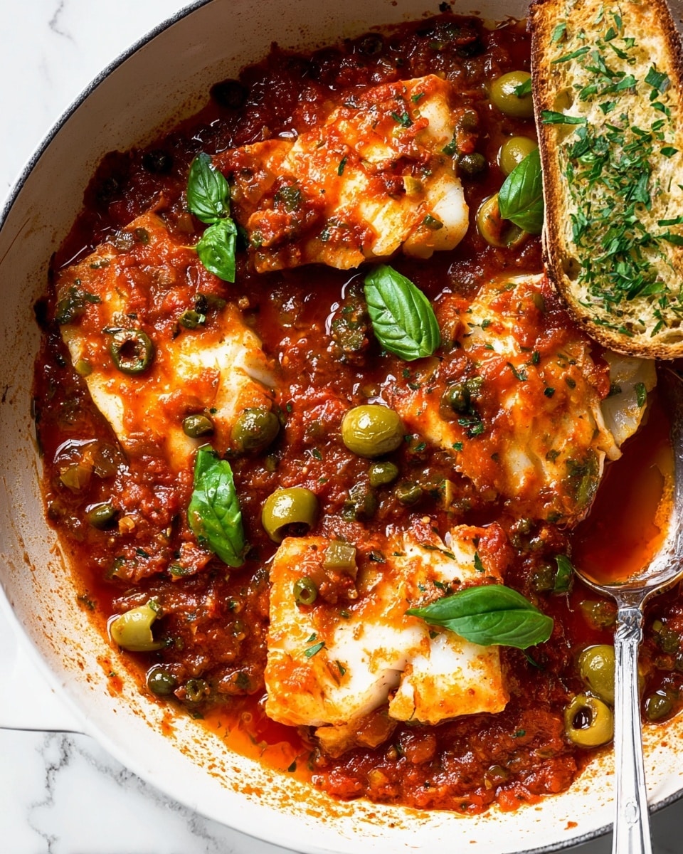 The image shows a white pan filled with four thick white fish pieces layered with a chunky, dark red tomato sauce mixed with whole and sliced green olives and small green capers. The sauce has a rough texture with bits of tomato and herbs, and is sprinkled with fresh green basil leaves on top. A toasted slice of bread with chopped green herbs rests on the top right edge of the pan next to the fish. A silver spoon dips into the sauce near the right side. The background is a white marbled texture. Photo taken with an iphone --ar 4:5 --v 7