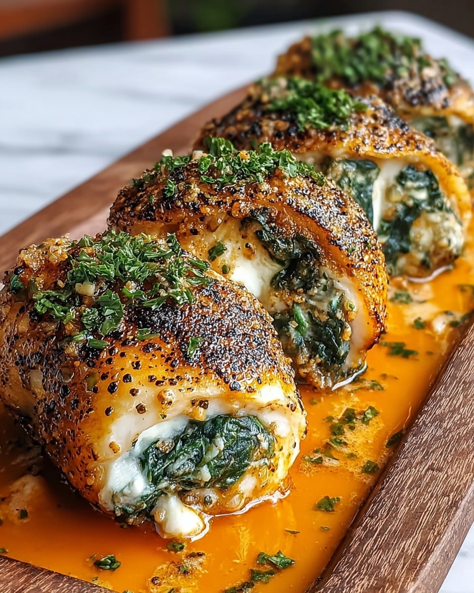 The image shows three pieces of golden-brown stuffed fish rolls placed side by side in a shallow layer of smooth, orange sauce on a wooden tray. Each roll has a crispy, browned outer layer, speckled with black char marks and sprinkled with chopped green herbs. Inside the translucent fish wrap, a creamy white filling mixed with dark green spinach or herbs is visible. The sauce beneath glistens with a slight shine and adds a vibrant contrast to the rich colors of the rolls. The setting is warm and cozy with a blurred background, all set on a white marbled surface. photo taken with an iphone --ar 4:5 --v 7