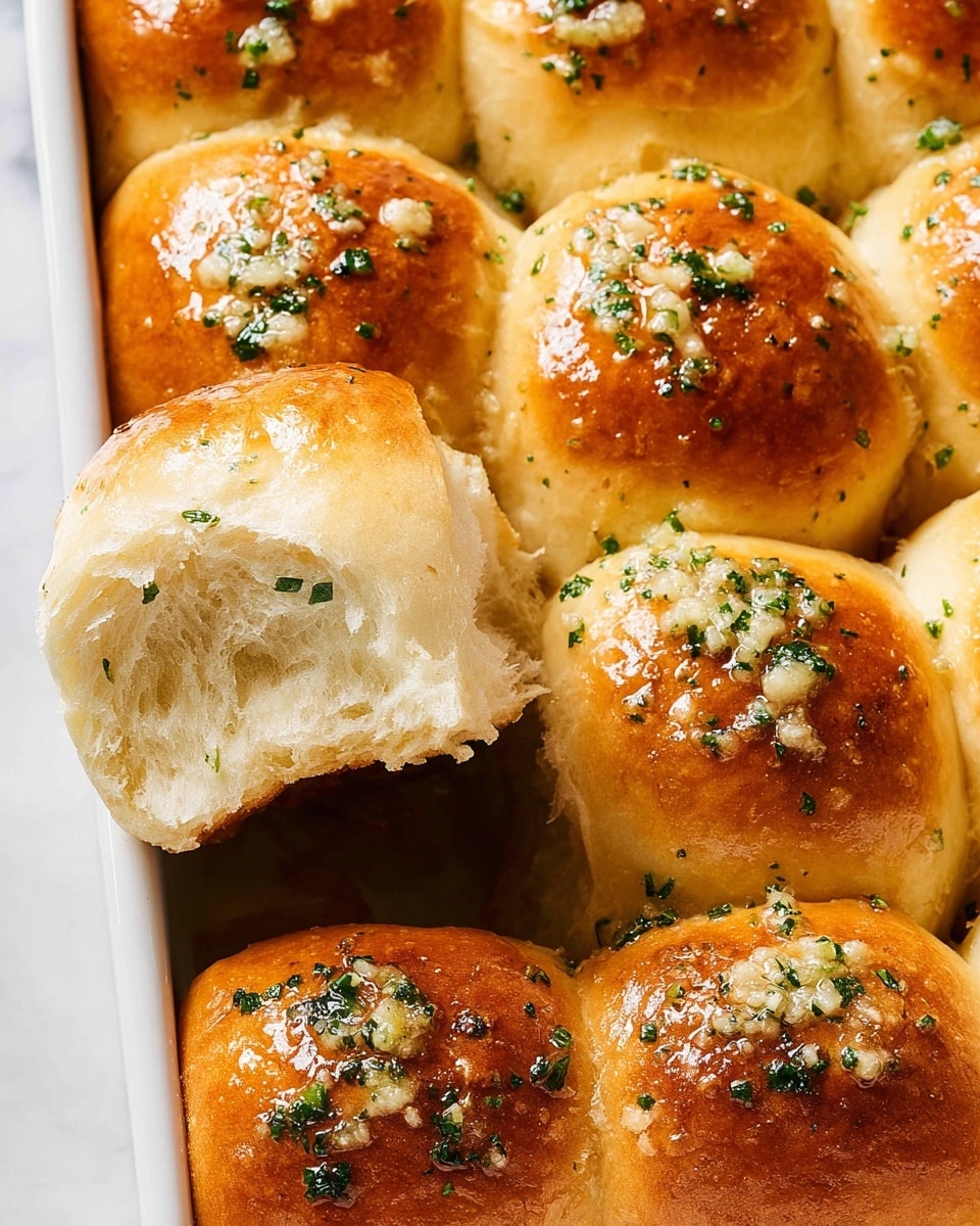 The image shows a close-up of a group of soft, golden-brown dinner rolls placed tightly together in a white baking dish. Each roll has a shiny, slightly glossy top, brushed with melted butter and sprinkled with small bits of chopped green herbs and crushed garlic, adding texture and color contrast. The rolls are fluffy and light inside, visible in one pull-apart roll that shows the soft, airy crumb with tiny flecks of herbs. The baking dish sits on a white marbled surface, enhancing the warm tones of the bread. photo taken with an iphone --ar 4:5 --v 7