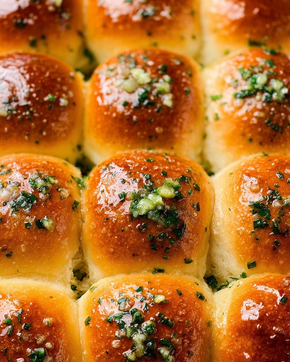 A close-up view of 12 golden brown dinner rolls arranged in a 3 by 4 grid, each roll with a shiny, slightly crispy top sprinkled with finely chopped green herbs and small bits of minced garlic. The rolls have a soft, fluffy texture on the sides where they touch each other, showing a light yellow color. The tops are glistening as if brushed with butter or oil, giving them a rich and inviting appearance. The white marbled texture surface beneath is barely visible around the edges. photo taken with an iphone --ar 4:5 --v 7