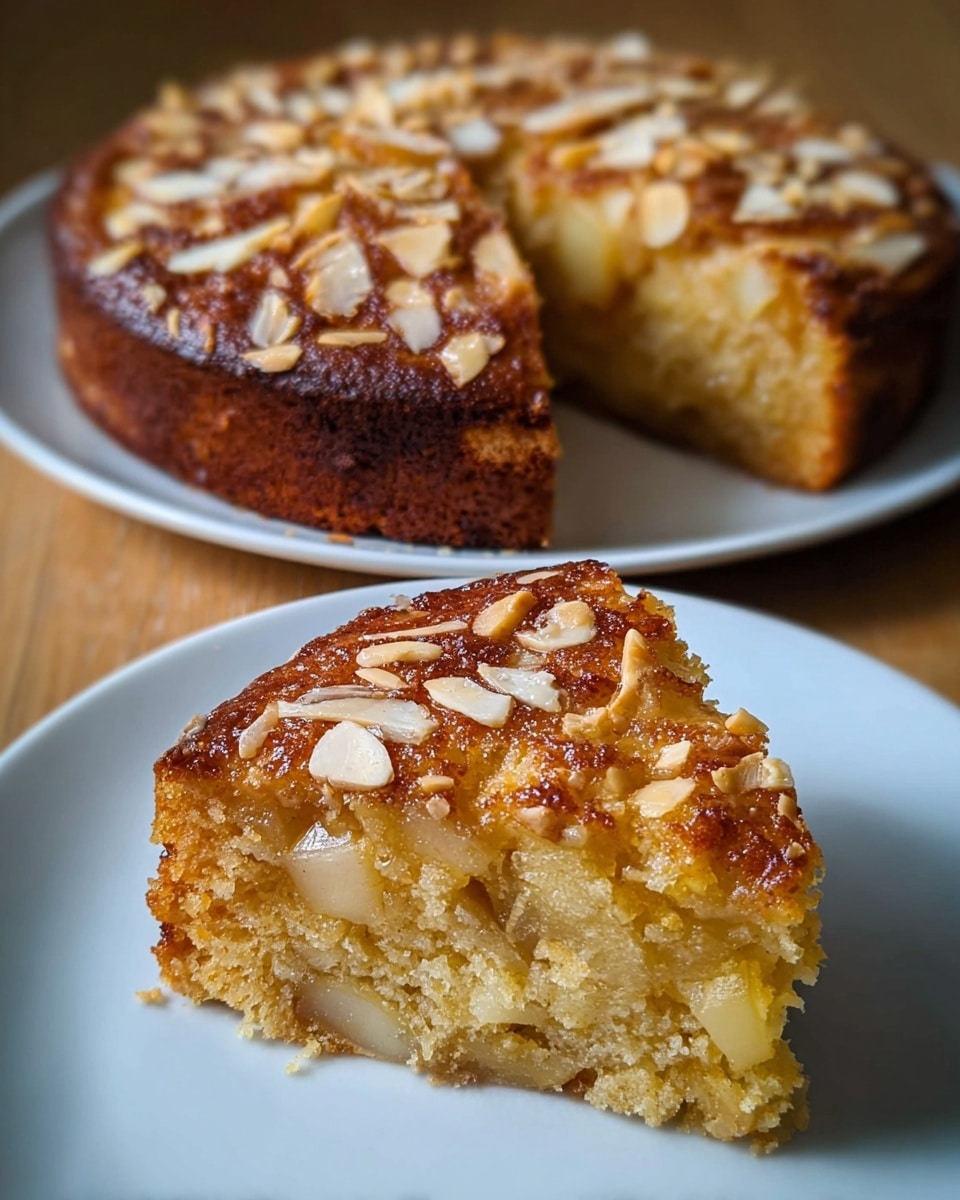The image shows a round baked cake with a slice cut out and placed in front, on a white plate. The cake has one main thick layer with a golden brown, caramelized crust on top sprinkled with almond flakes. The inside is moist and textured, filled with small chunks of light yellow fruit, likely apple, and a soft crumb. The slice in the front highlights these fruit pieces and the crunchy almond topping clearly. The plate is set on a wooden surface which should be changed to a white marbled texture. Photo taken with an iphone --ar 4:5 --v 7