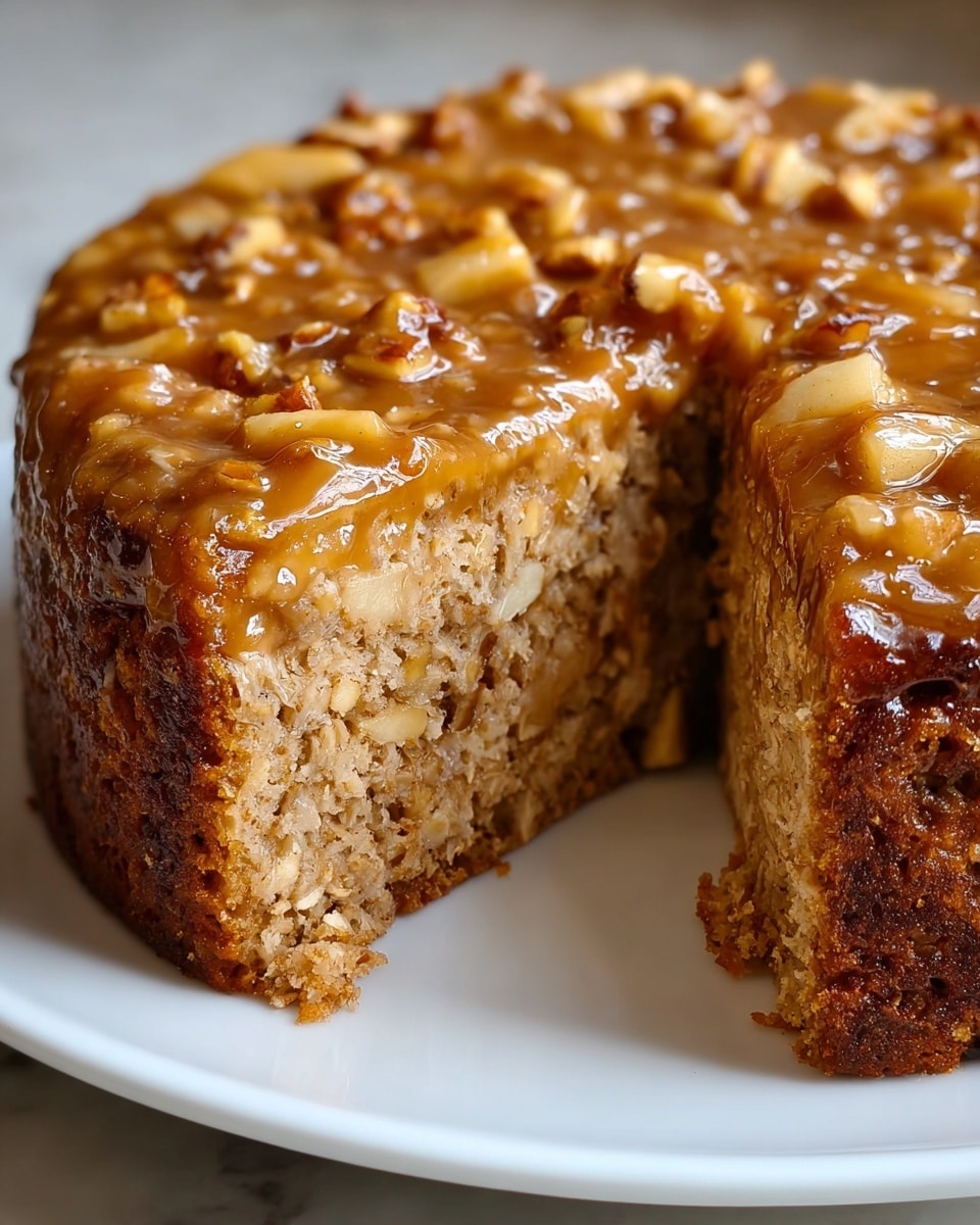 A round cake with one slice cut out sits on a white plate on a white marbled surface. The cake has two main layers: the top layer features a glossy caramel glaze with small pieces of nuts and light brown apple chunks, creating a shiny, textured look. The bottom layer is thick and dense with a moist, crumbly texture in a pale golden brown color. The sides of the cake are darker brown and slightly crispy, while the inside shows a soft, oaty, and slightly chunky mix. photo taken with an iphone --ar 4:5 --v 7