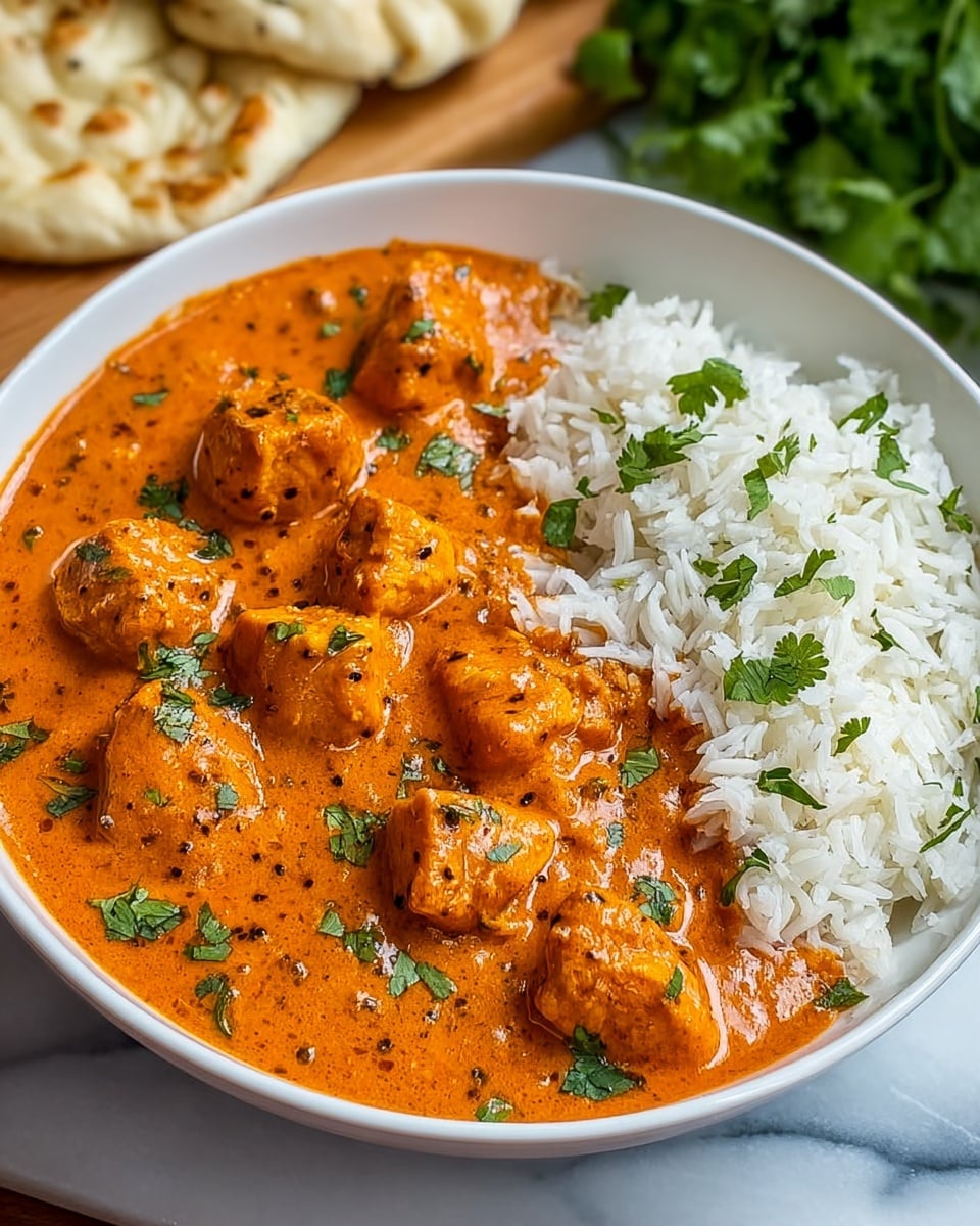A white bowl filled with two main layers: one half has bright orange creamy curry sauce with visible small black spice specks and chunks of chicken coated in the sauce, while the other half contains fluffy, white basmati rice topped with a few green cilantro leaves. The curry layer is smooth and glossy, and the chicken pieces are medium-sized, cube-shaped, and evenly mixed. Small bits of fresh green cilantro are scattered on top of both the curry and rice. In the background, partially visible is a piece of naan bread and some more cilantro leaves on a white marbled surface. photo taken with an iphone --ar 4:5 --v 7