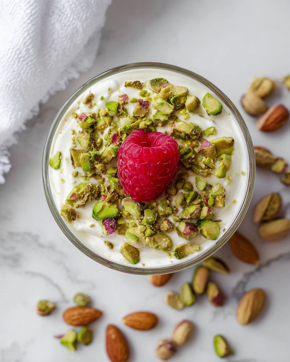 A close-up top view of a small glass bowl filled with a creamy white yogurt layer, topped with chopped green pistachios spread evenly, and one bright red raspberry placed in the center. The bowl is placed on a white marbled surface with a white cloth partially visible in the upper left corner, and some whole pistachios scattered nearby. The textures include smooth yogurt, crunchy nut pieces, and the bumpy surface of the raspberry. photo taken with an iphone --ar 4:5 --v 7