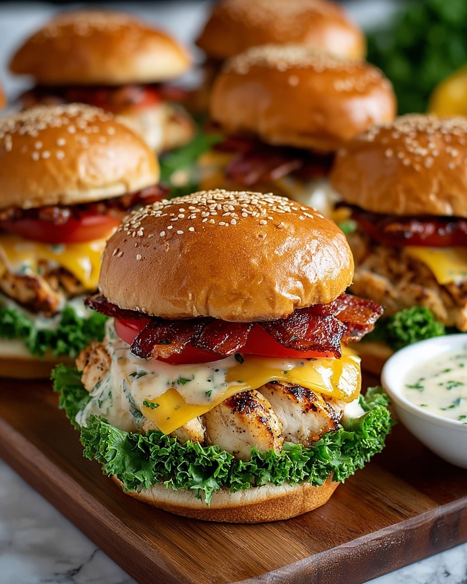 A close-up view of four chicken burgers arranged on a wooden board, each with layers starting from a soft, golden-brown sesame seed bun on top, followed by crispy bacon strips that are dark reddish-brown with a slight shine, then bright red tomato slices underneath. Below that is melted yellow and white cheese oozing over a grilled chicken breast with visible grill marks and seasoning, sitting on fresh, curly green leaf lettuce. The bottom layer is a light toasted bun with a soft texture. A small white bowl with a light creamy sauce and herbs is visible on the side. The background is blurred but shows more burgers, all on a white marbled texture surface. photo taken with an iphone --ar 4:5 --v 7