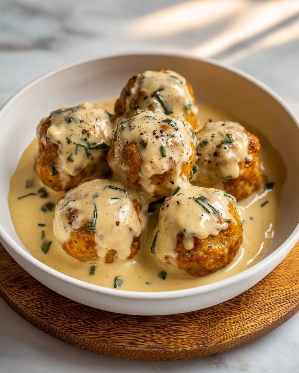 The dish shows six golden-brown meatballs placed closely together inside a white bowl, which is set on a round wooden trivet. Each meatball is covered with a thick, creamy beige sauce that has visible pieces of green herbs scattered throughout. The creamy sauce coats the meatballs unevenly, dripping down their sides and pooling slightly at the bottom of the bowl, creating a smooth texture contrast with the meatballs' firmer surface. Some spots of ground black pepper are sprinkled lightly on top of the sauce, adding detail to the presentation. The bowl sits on a white marbled surface with soft natural lighting illuminating the food, highlighting the warm colors and textures vividly. Photo taken with an iphone --ar 4:5 --v 7