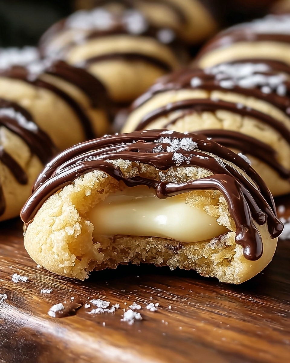 A close-up of a soft, golden cookie with a creamy white filling inside, revealing a bite taken from the front cookie to show smooth texture; the cookie surface is slightly crumbly with a shiny dark chocolate drizzle forming thin, even lines across the top; multiple similar cookies are blurred softly in the background, all resting on a wooden surface. photo taken with an iphone --ar 4:5 --v 7