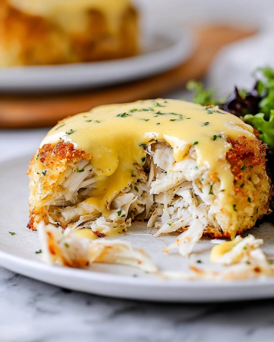 A close-up view of a single round crab cake cut in half on a white plate, showing three layers: the bottom crispy golden-brown crust, a thick middle filling of flaky white crab meat mixed with herbs, and a smooth, glossy yellow creamy sauce generously poured over the top. Some crab meat strands and crumbs spill slightly over the edge on the plate next to the crab cake, with soft greens blurred in the background. The scene is set on a white marbled textured surface. photo taken with an iphone --ar 4:5 --v 7