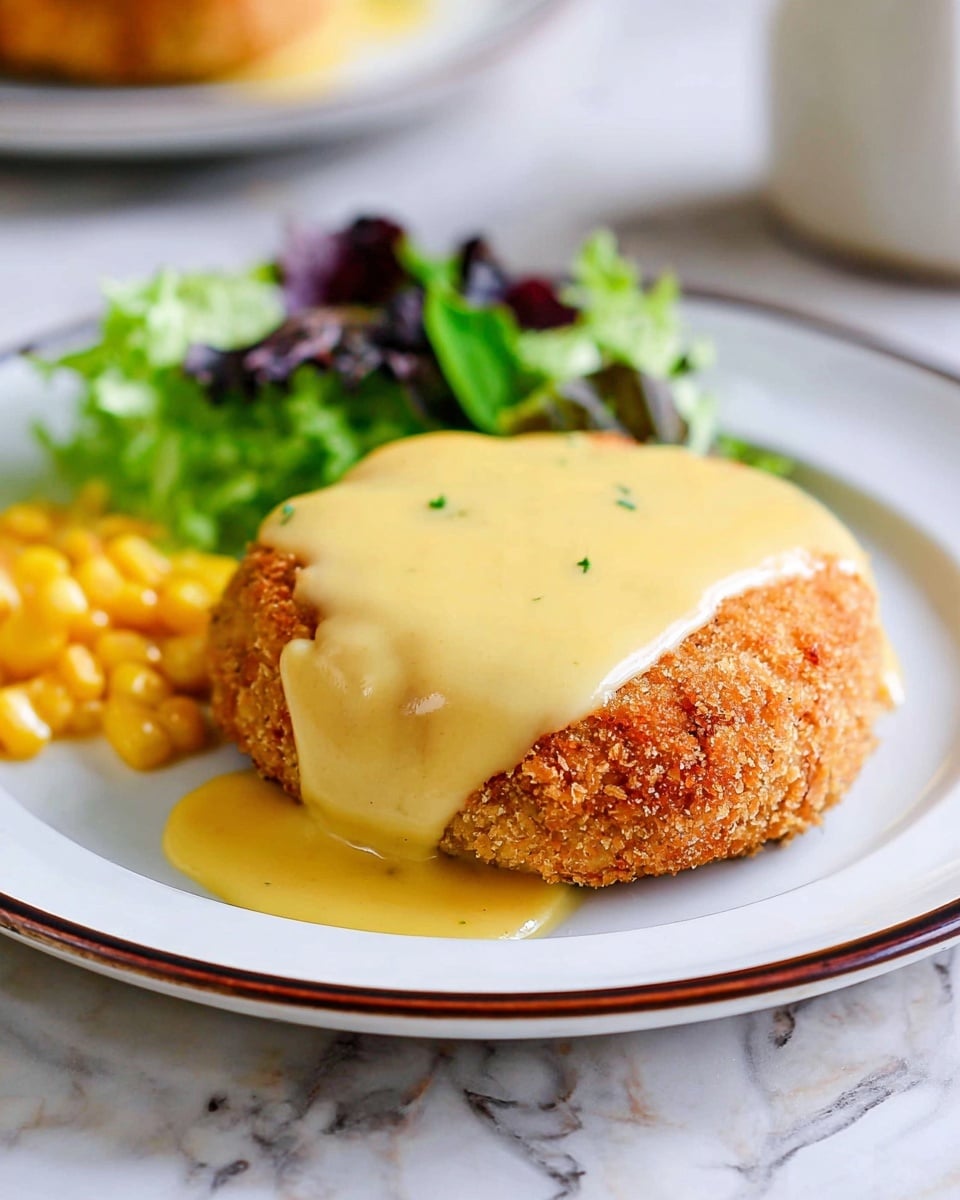 A round, golden-brown breaded patty sits at the center of a white plate with a thin dark rim, covered generously with smooth, creamy yellow cheese sauce that drips slightly down the side. To the left of the patty, there is a small portion of bright yellow corn kernels and a few fresh green lettuce leaves with hints of dark purple. The plate rests on a white marbled textured surface with a blurred second plate in the background. photo taken with an iphone --ar 4:5 --v 7