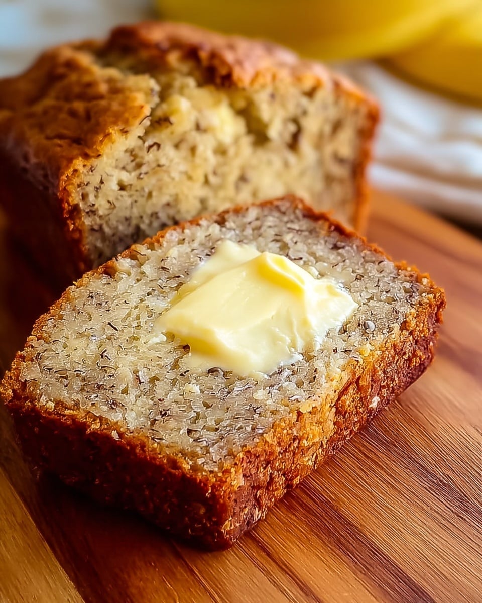 A close-up shot of two slices of banana bread resting on a wooden surface, the front slice showing a golden brown crust and a light beige interior with visible banana specks and crumbly texture; a thick pat of melting pale yellow butter sits on top, contrasting with the soft bread, while the background is softly blurred with warm yellow tones. Photo taken with an iphone --ar 4:5 --v 7