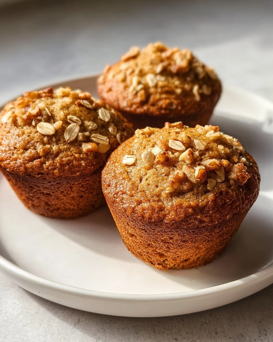 Four muffins with a textured golden brown top sprinkled with small pieces of chopped walnuts are arranged on a white plate. The muffins have a light brown crust all around with a slightly rough texture and small specks visible throughout the surface. One muffin is centered in front, showing the detailed walnut pieces on top, while three more muffins are blurred softly in the background. The plate sits on a white marbled surface that enhances the warm tones of the muffins. In the top right corner, a close-up of a single muffin highlights the moist texture and golden walnut pieces on top. Photo taken with an iphone --ar 4:5 --v 7