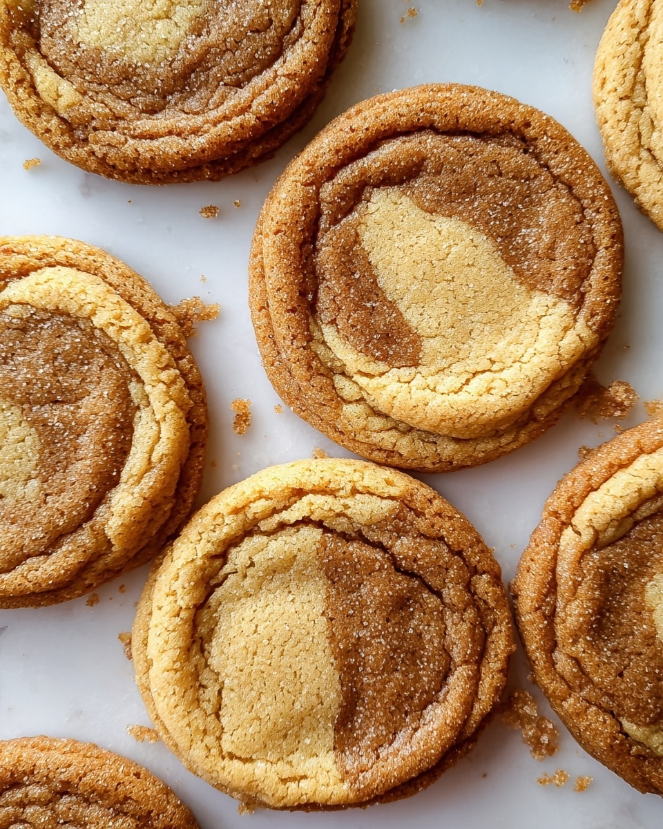 The image shows six freshly baked cookies placed closely together on a white marbled surface. Each cookie has two visible layers: the outer layer is a golden brown with a slightly cracked texture, and the inner circle is a lighter brown with a smooth, glossy finish, showing a subtle swirl pattern where the colors meet. The cookies appear soft in the center with a slightly crispy edge, and small crumbs are scattered around them, enhancing the fresh-baked look. The warm color tones and textures give a cozy, homemade feel. photo taken with an iphone --ar 4:5 --v 7
