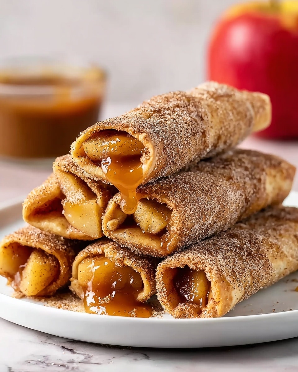 A white plate holds a stack of five rolled pastries coated in a light brown cinnamon sugar mixture, each pastry showing a glossy, caramelized apple filling oozing slightly from the ends. The pastries have a golden-brown, slightly crisp dough exterior, sprinkled evenly with cinnamon sugar, giving a grainy texture. The apple filling inside appears soft and syrupy with a warm caramel color, visible on both the top pastry and some peeking out from the sides of the others. In the blurred background, a red apple and a small bowl of caramel sauce sit on a white marbled texture. photo taken with an iphone --ar 4:5 --v 7