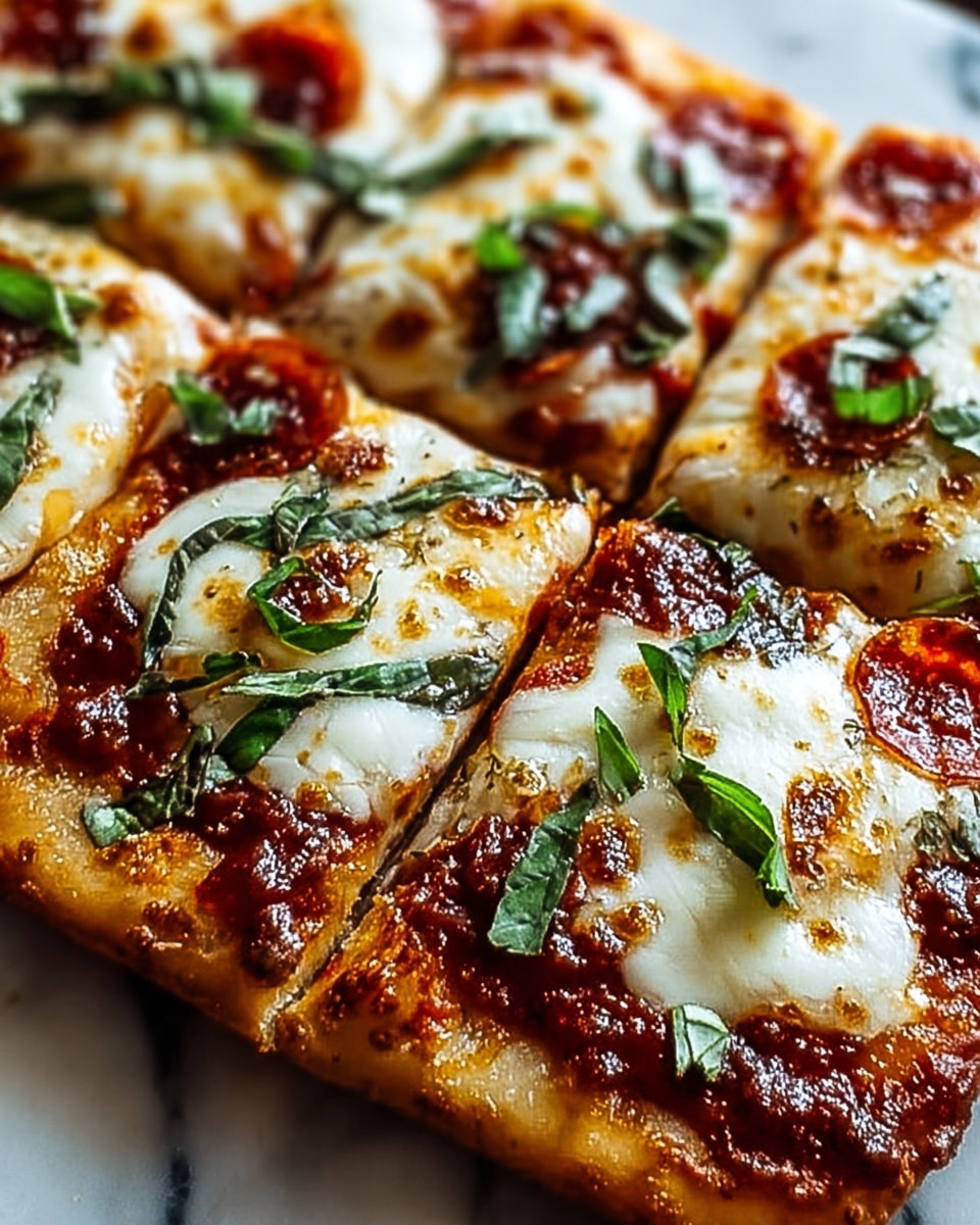 A close-up of a rectangular pizza cut into square slices on a white marbled surface, showing a golden-brown crust at the bottom layer, topped with a rich red tomato sauce spread evenly, then covered with melted white mozzarella cheese that has golden browned spots. Small round pepperoni slices peek out beneath the cheese, giving tiny red highlights. Fresh dark green basil leaves are scattered on top, adding a fresh contrast. The cheese looks gooey and slightly bubbly, and the crust is thick and soft. Photo taken with an iphone --ar 4:5 --v 7