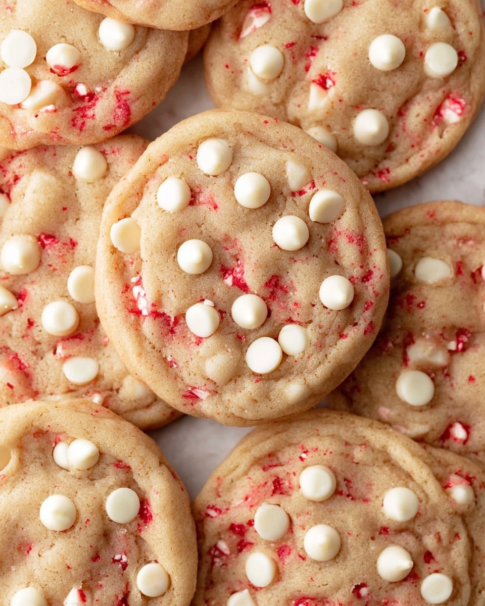 A close-up view of a pile of soft cookies with a light golden-brown base, scattered with white chocolate chips of various sizes on top. The cookies also have small bright red swirls mixed within the dough, giving a speckled texture and color contrast. The cookies are slightly overlapping each other on a white marbled textured surface, showing their round shapes and slightly uneven edges. photo taken with an iphone --ar 4:5 --v 7