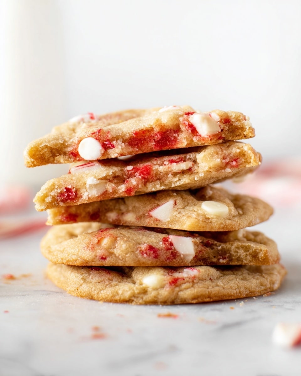 A close-up stack of five soft, chewy cookies with visible white chunks of white chocolate and red pieces of candy cane scattered throughout each layer, showing a light golden-brown base with colorful spots spread inside; the cookies are unevenly stacked, highlighting their thick texture and slightly crumbly edges, all set on a white marbled surface with a blurred background. photo taken with an iphone --ar 4:5 --v 7