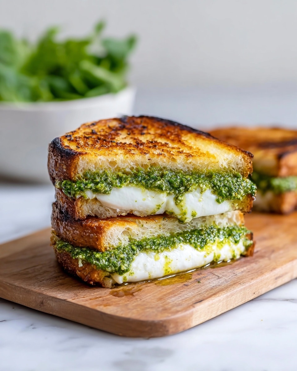 The image shows a grilled sandwich cut in half and placed on a wooden board over a white marbled surface. Each sandwich half has two layers of golden-brown toasted bread with a slightly charred texture on the top and bottom. Inside, there is a thick, bright green pesto layer at the bottom, topped by a fluffy white cheese layer that looks soft and creamy, with a slight drizzle of olive oil creating a glossy effect. In the background, there is a white bowl filled with fresh green leaves, slightly out of focus. photo taken with an iphone --ar 4:5 --v 7