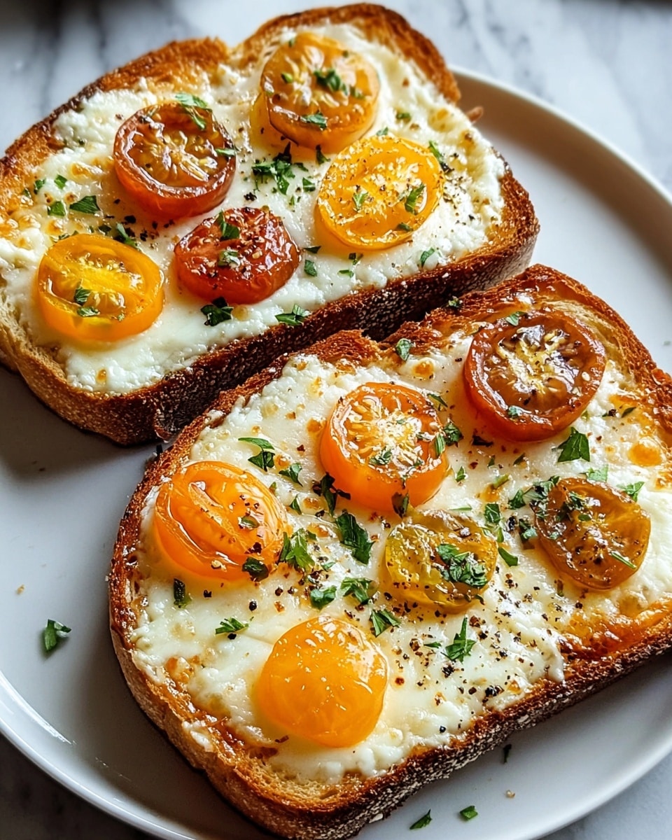 Two slices of toasted bread with a golden-brown crust are placed on a white plate over a white marbled texture. Each slice has a layer of melted white cheese covering the surface, slightly browned and bubbly. On top, there are red and yellow cherry tomato halves, some with a slightly roasted texture, adding bright orange and yellow colors. The toast is sprinkled with chopped green herbs and a few specks of ground black pepper, making the dish look fresh and savory. photo taken with an iphone --ar 4:5 --v 7