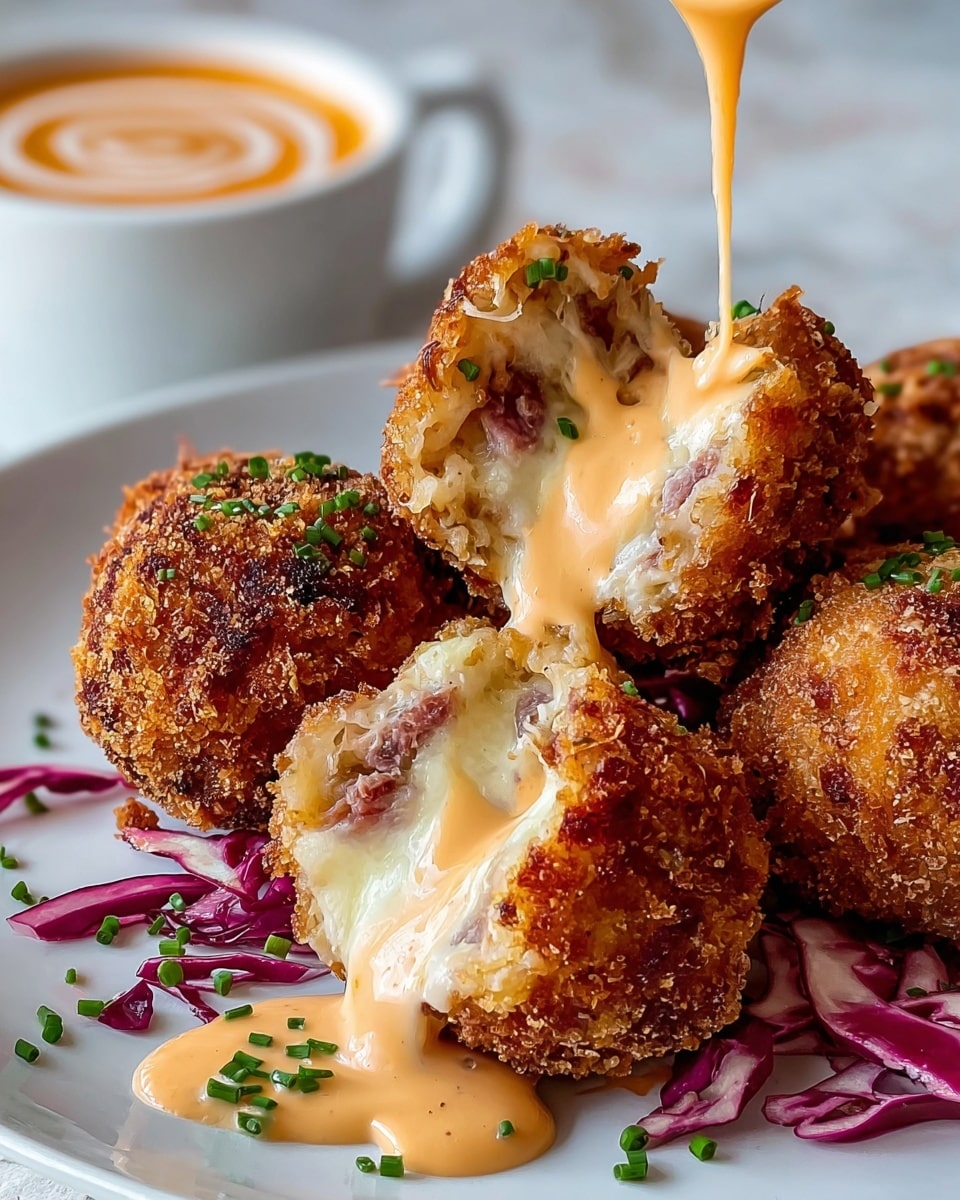 The image shows crispy golden brown fried balls with a crunchy texture on the outside, split open to reveal gooey melted white cheese mixed with shredded meat inside. The balls are placed on a white plate on a bed of thinly sliced red and white cabbage. A creamy orange sauce with herbs is being drizzled over the open balls, with some sauce pooled on the plate and sprinkled with small green chives. In the background, there is a white cup filled with the same creamy orange sauce spiral swirled on top, sitting against a white marbled surface. photo taken with an iphone --ar 4:5 --v 7