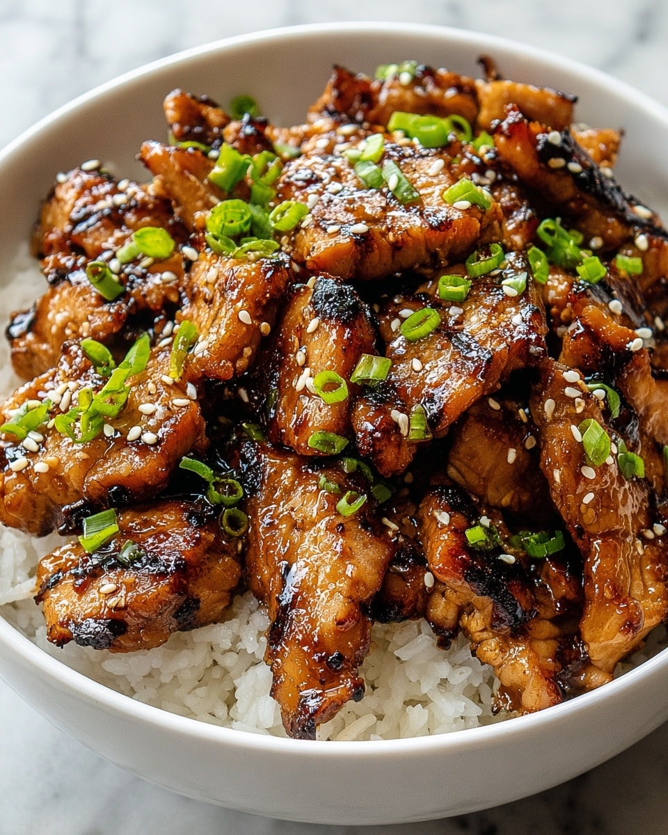 A bowl shows a dish with two layers: the base layer is white, fluffy rice with soft texture, and on top are many pieces of grilled chicken in a rich brown glaze with visible char marks, adding a slightly blackened texture. The chicken pieces are shiny with sauce and sprinkled with small white sesame seeds and bright green chopped scallions. The bowl is white, and the whole dish sits on a white marbled textured surface. Photo taken with an iphone --ar 4:5 --v 7
