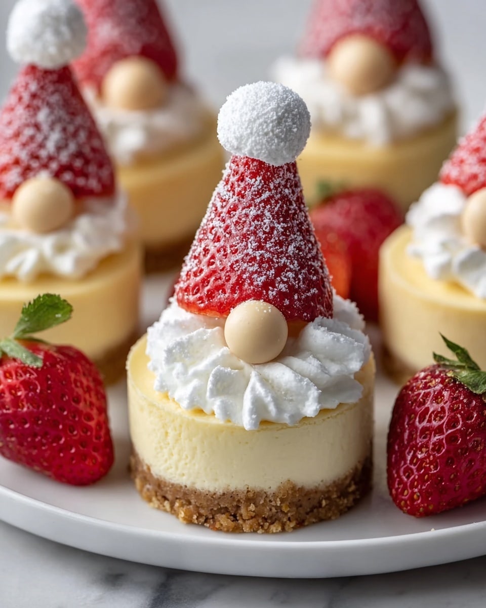 This image shows small round cheesecakes on a white plate placed on a white marbled surface. Each cheesecake has three layers: a crumbly brown base, a smooth pale yellow cheesecake middle, and a topping of white whipped cream shaped like a beard. On top of the whipped cream is a red strawberry cut into a cone shape forming a hat, dusted with powdered sugar, with a small round beige candy or cream ball placed between the hat and whipped cream resembling a nose. Fresh whole strawberries with green leaves sit on the plate around the cheesecakes. Photo taken with an iphone --ar 4:5 --v 7
