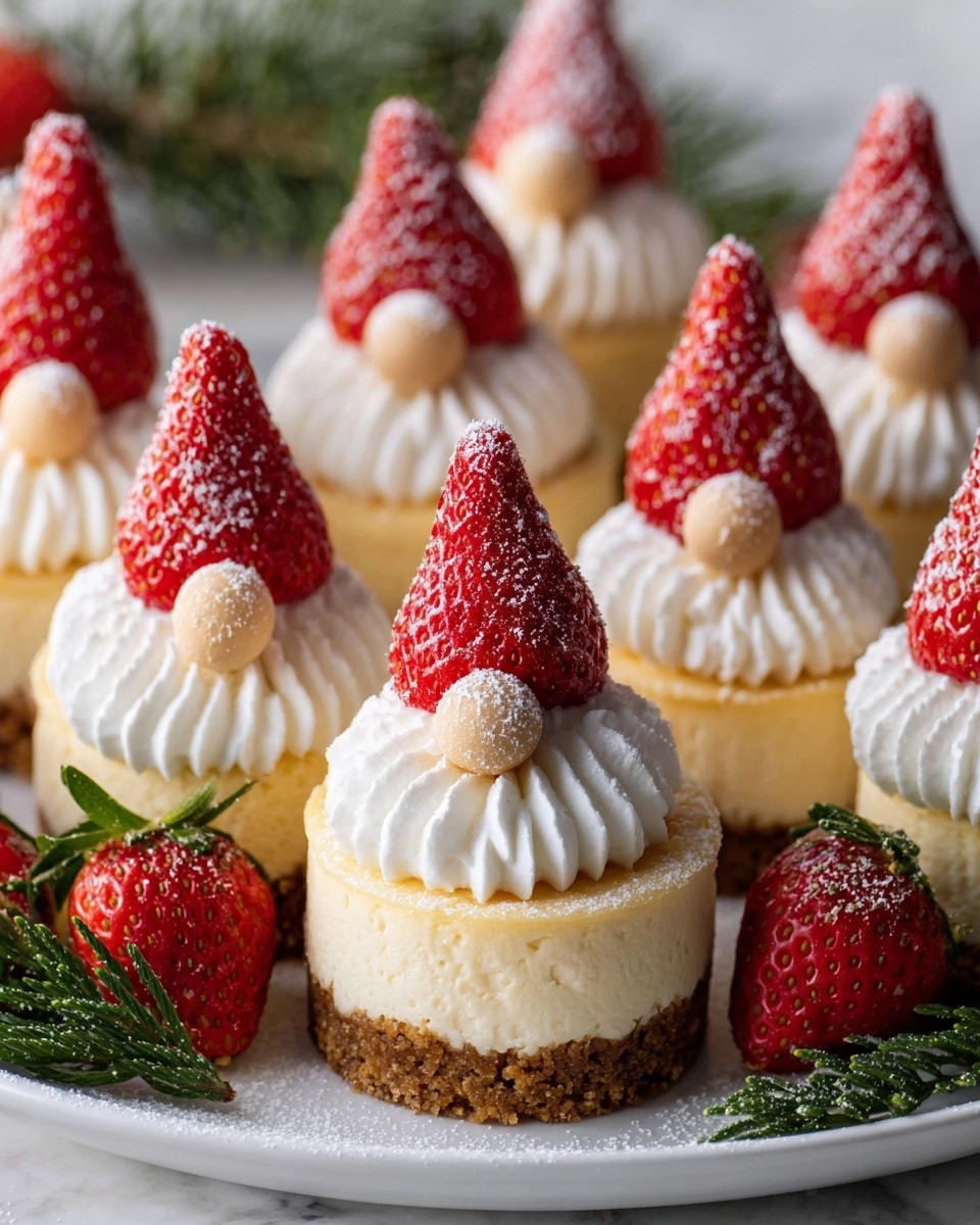 The image shows small cheesecake desserts arranged closely on a white plate over a white marbled surface. Each cheesecake has three layers: a brown crumb crust at the bottom, a thick light yellow creamy cheesecake middle layer, and a smooth top. Each one is decorated with a white whipped cream beard that is ruffled and fluffy, topped with a whole strawberry placed upside down to look like a red pointed hat dusted with powdered sugar. A small round beige candy sits where a nose would be between the whipped cream and the strawberry. Around the cheesecakes are whole strawberries and small green pine branches, adding a festive touch. The photo taken with an iphone --ar 4:5 --v 7