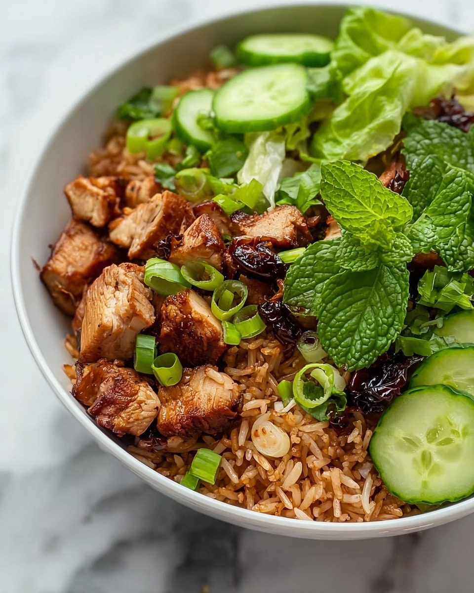 A white bowl filled with three main layers: the base is brown fried rice with a slightly oily texture, scattered throughout with dark caramelized bits; the middle layer has pieces of golden brown grilled chicken chunks that look tender and juicy; the top layer is fresh green lettuce leaves, bright green cucumber slices with visible seeds, sliced green onions, and a few sprigs of fresh mint leaves, adding a fresh contrast to the dish. The bowl is placed on a white marbled surface. photo taken with an iphone --ar 4:5 --v 7
