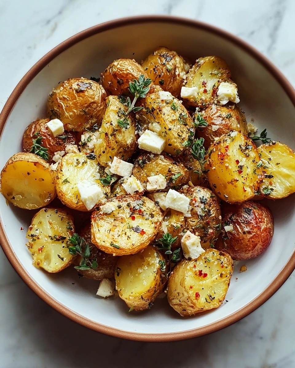 A bowl filled with one layer of halved baby potatoes with golden-brown roasted skins and soft pale yellow inside, topped with small white chunks of cheese scattered unevenly across and sprinkled with black pepper and green sprigs of fresh herbs. The bowl is white with a brown rim, placed on a white marbled surface. Photo taken with an iphone --ar 4:5 --v 7