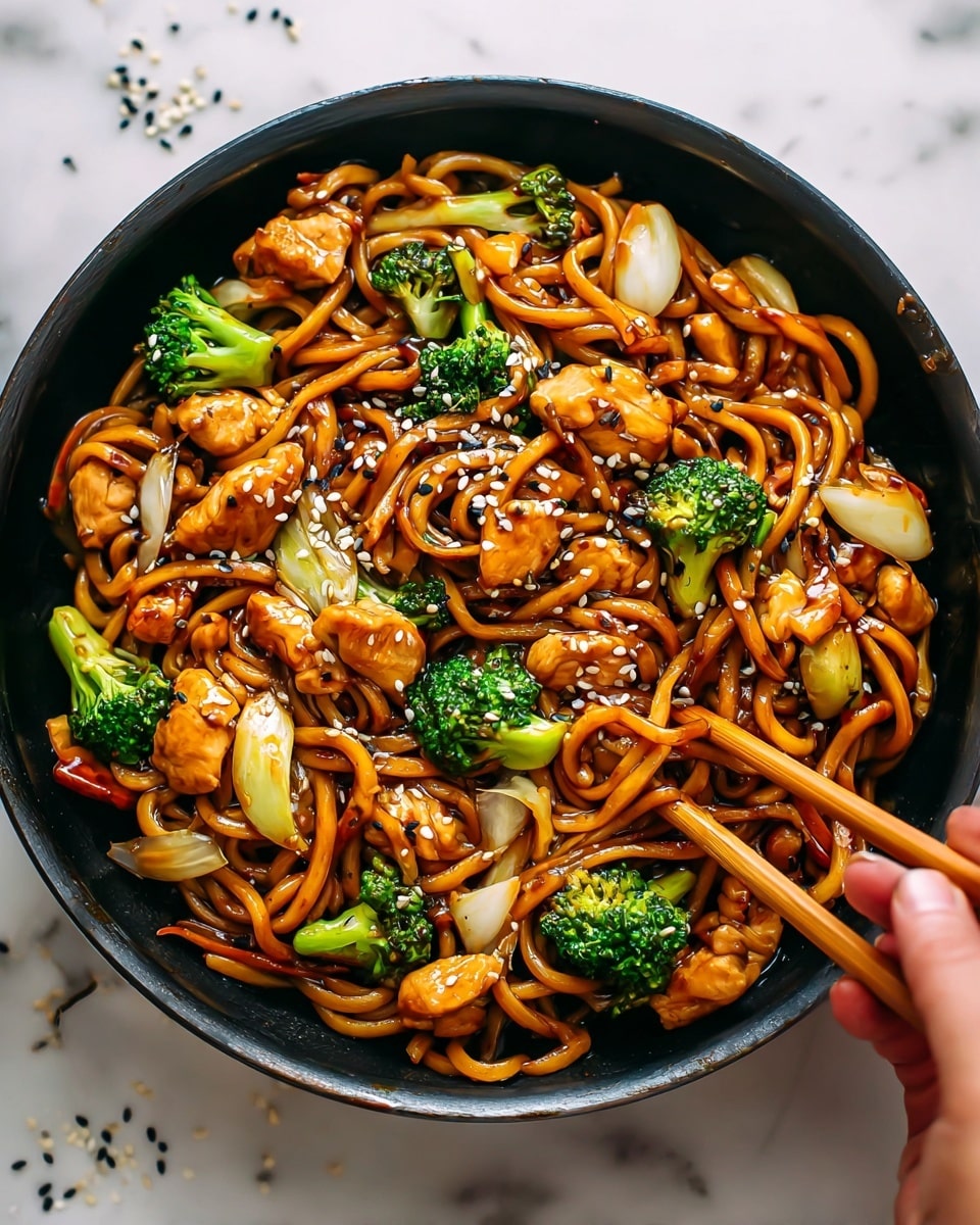 A black pan filled with stir-fried noodles forms the base layer, coated in a shiny dark brown sauce. Mixed in are chunky golden-brown pieces of chicken scattered evenly throughout. Bright green broccoli florets and light green onion chunks are placed around the dish, adding color contrast. Thin orange carrot strips and white onion pieces are also mixed in, giving texture variety. The dish is sprinkled with black and white sesame seeds on top. A pair of wooden chopsticks are held by a woman’s hand on the right side, resting on the pan’s edge. The pan sits on a white marbled surface with a few scattered sesame seeds around it. Photo taken with an iphone --ar 4:5 --v 7